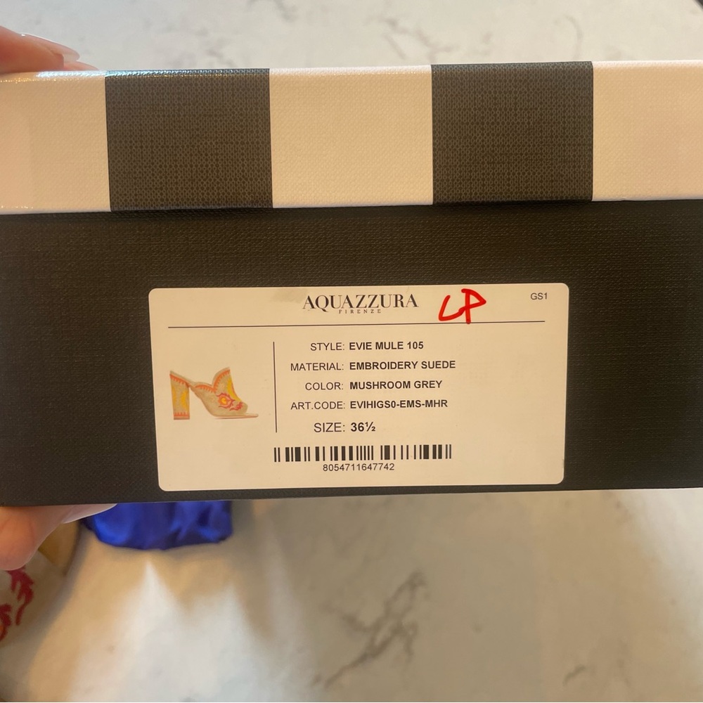 NWT 🧡 Aquazzura Evie Mule 105 Size 36.5 in Grey/Tan Suede w/ Orange Embroidery - Picture 10 of 10